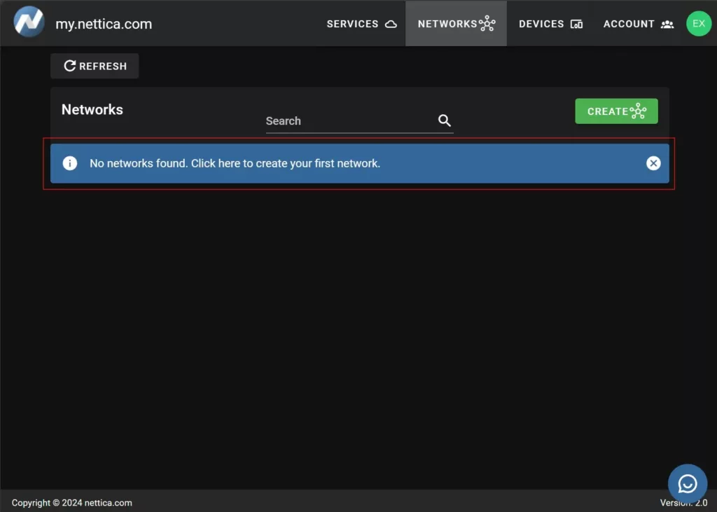 Nettica Networks tab with no networks